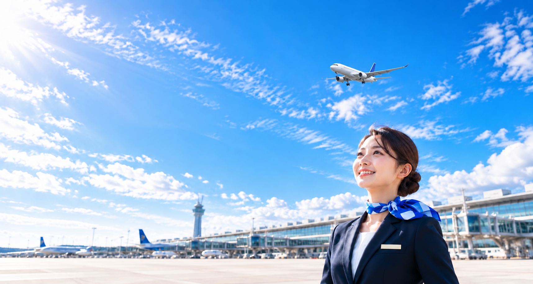 空港で空を見上げる客室乗務員と、青空を飛ぶ飛行機