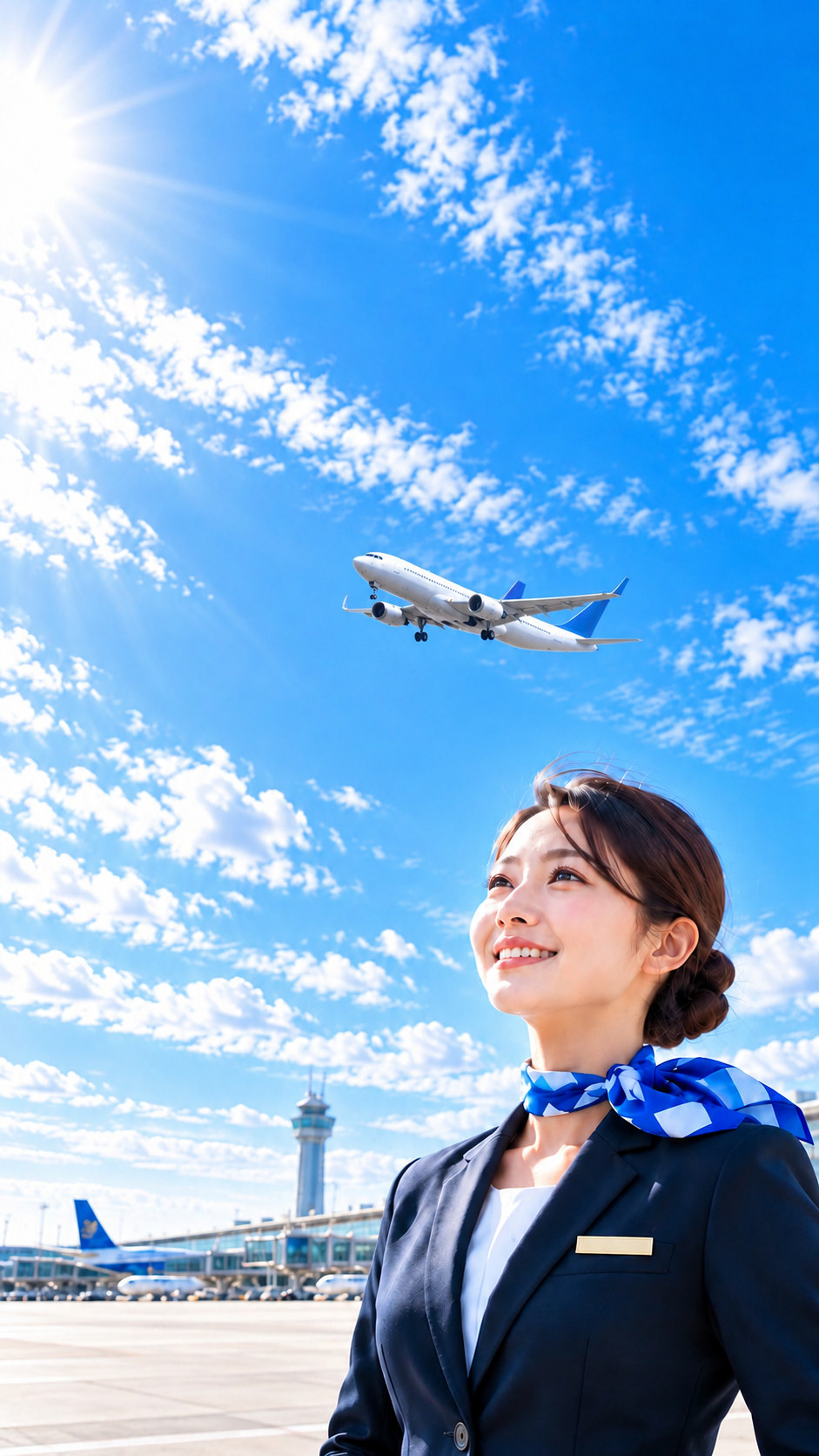 空港で空を見上げる客室乗務員と、青空を飛ぶ飛行機